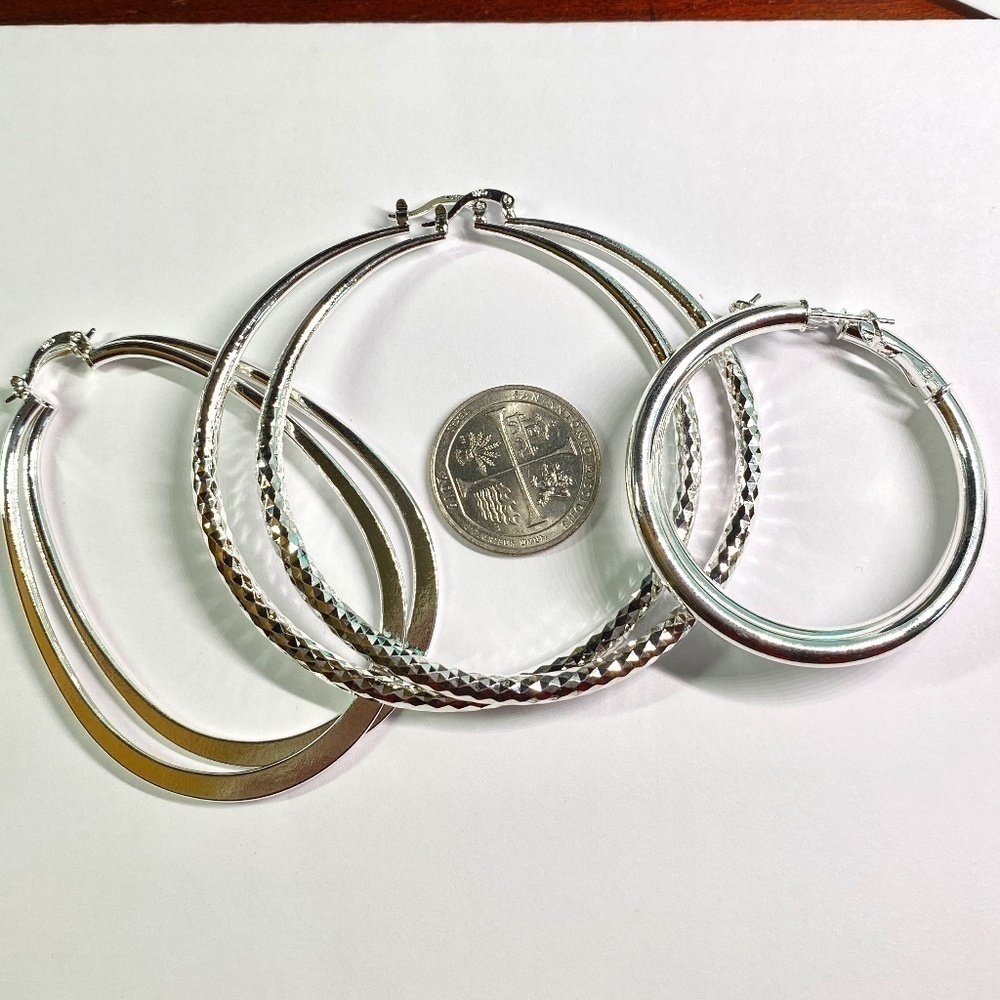 3 pair extra Large hoop earrings 925 silver plated  3” -2”